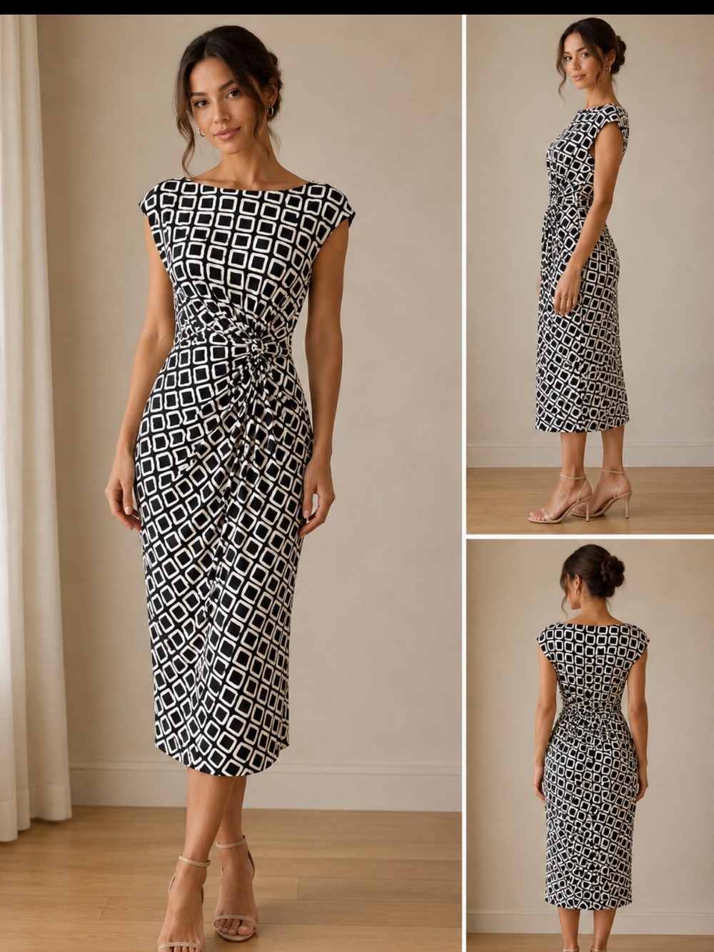Lauren Ralph Lauren Black and White Geometric Knot-Front Sheath Dress